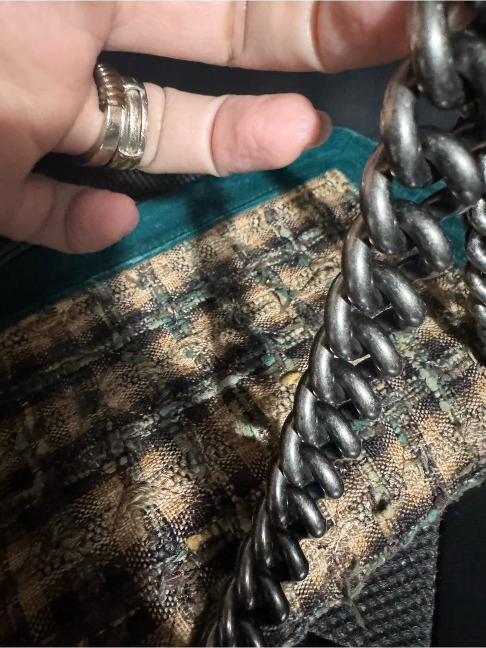 CHANEL Teal Tweed & Velvet Chain Crossbody Bag